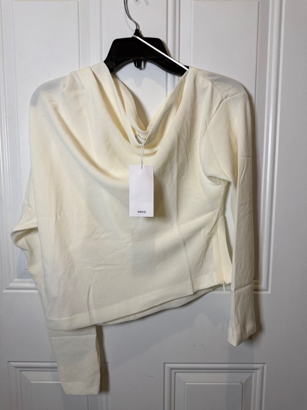 Mango Cream Draped Neck Long Sleeve Blouse